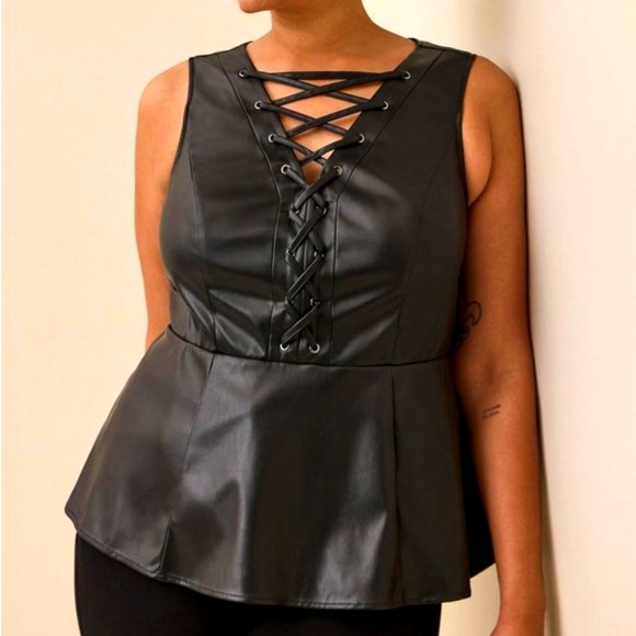 torrid Tops - ❤️NWT TORRID FAUX LEATHER PLEATHER PEPLUM TOP - LACE UP NECKLINE - PLUS SIZE